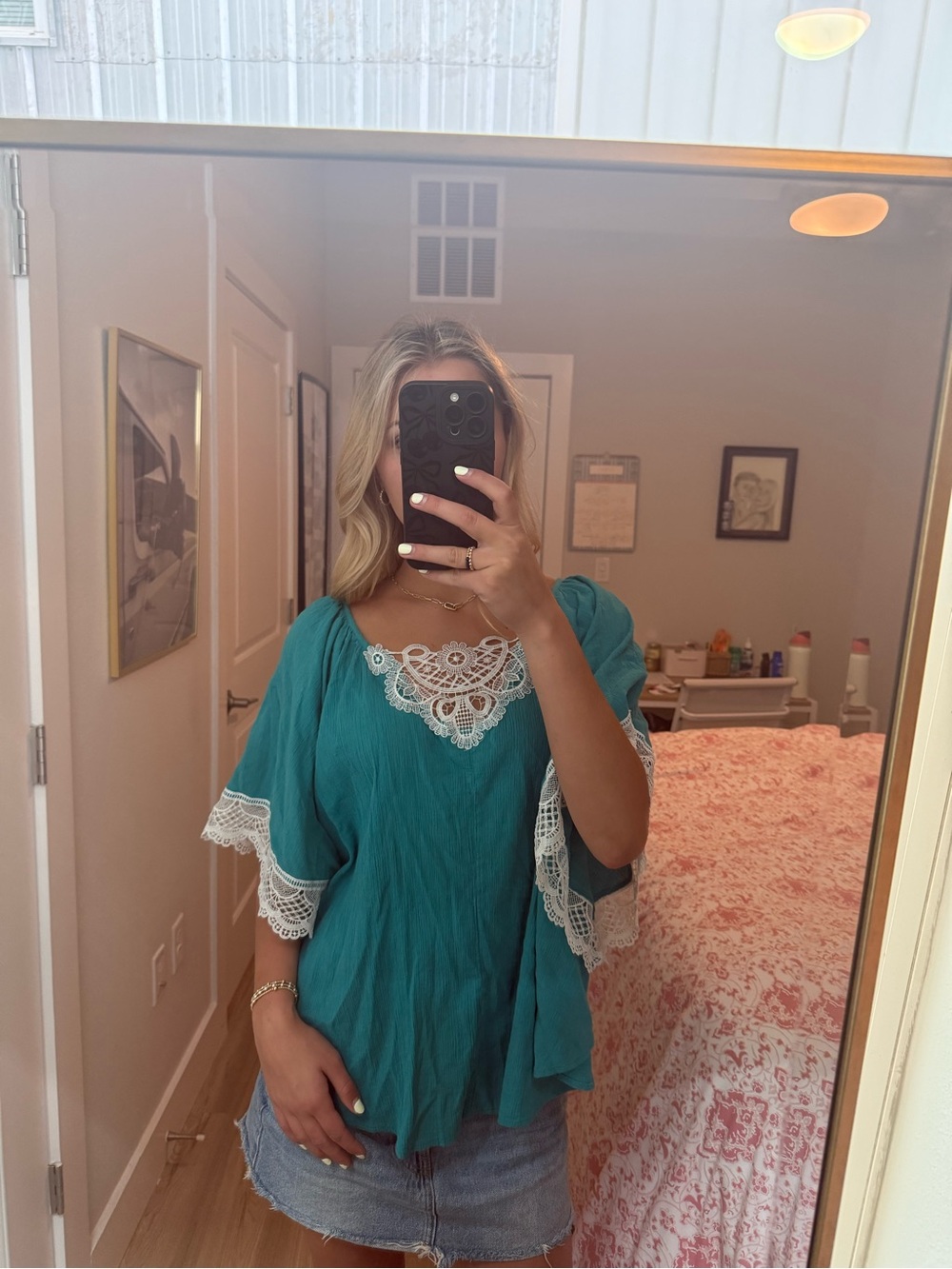 Teal Peasant Top with White Lace Trim